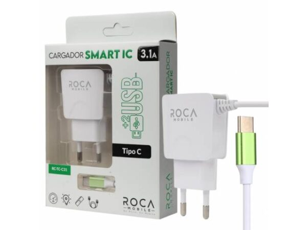 Cargador Inteligente ROCA 3.1A 2 USB + CABLE TIPO-C