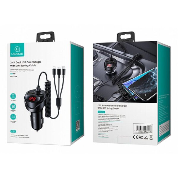 Cargador para auto 3 en 1 Micro/Tipo C/Lightning + 2 USB Negro USAMS CC119 - Imagen 3