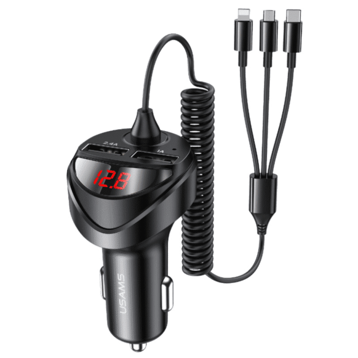 Cargador para auto 3 en 1 Micro/Tipo C/Lightning + 2 USB Negro USAMS CC119 - Imagen 1