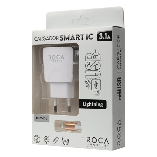 Cargador Inteligente ROCA 3.1A - Con 2entradas  USB +Cable  Lightning (tipo Iphone) - Imagen 3